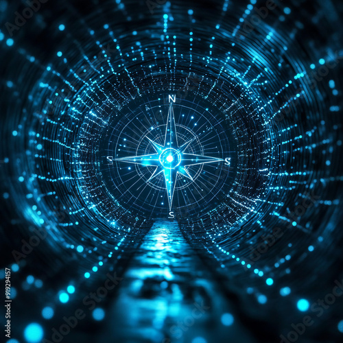 futuristic network of Digital and business transformation connected by dots to a compass shown from tunnel view with backlighting 