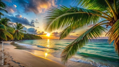 Serene tropical beach at sunset with swaying palm leaves, calm turquoise water, and soft golden sand, evoking a sense of ultimate relaxation and luxury getaway.