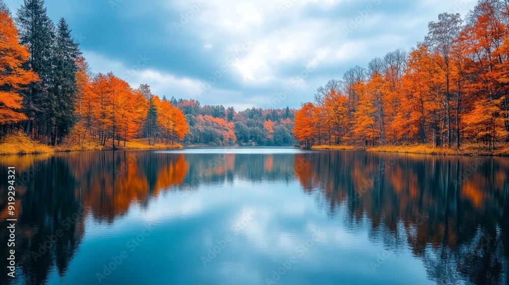 Fototapeta premium Fall foliage reflected in a tranquil lake