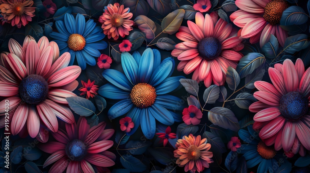 Blooming Floral Symphony in Blue and Red Hues Blooming Floral Symphony in Blue and Red Hues
