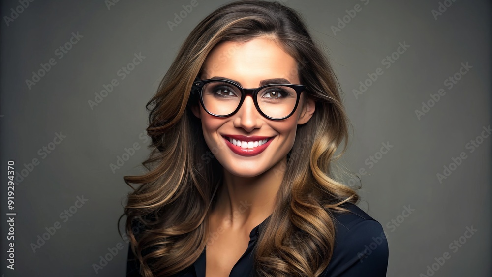 Confident woman in her 30s with stylish eyeglasses and flawless makeup, smiling softly while gazing directly at the camera with a sense of self-assurance. Confident woman in her 30s with stylish eyeglasses and flawless makeup, smiling softly while gazing directly at the camera with a sense of self-assurance.