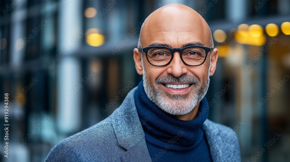 A man with glasses and a beard is smiling. He is wearing a blue jacket and a blue sweater