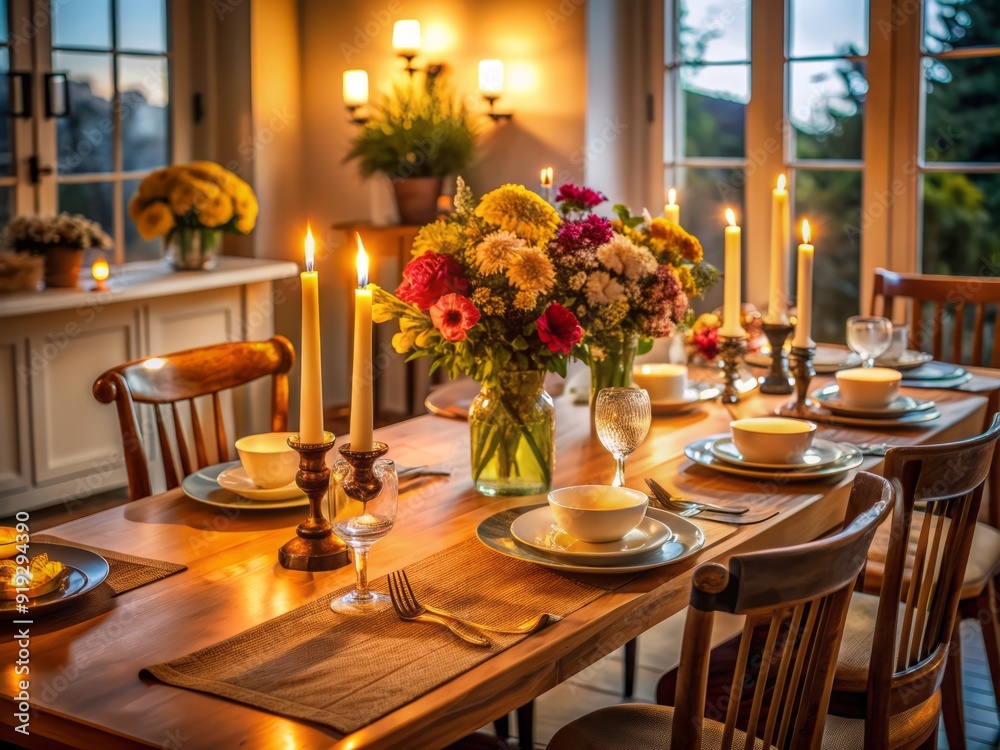 A beautifully set table adorned with candles, flowers, and a delectable meal, flanked by empty chairs, awaiting a joyful family gathering celebration. A beautifully set table adorned with candles, flowers, and a delectable meal, flanked by empty chairs, awaiting a joyful family gathering celebration.