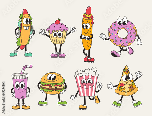 Retro groovy set of fast food and sweets characters. Funny vintage mascots. Junk food, desserts. Cartoon vector illustration