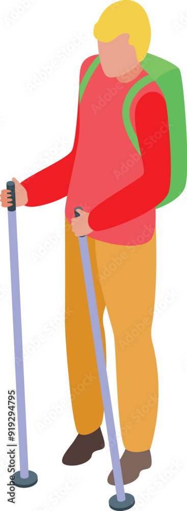 Young man is hiking with trekking poles and backpack isometric icon Young man is hiking with trekking poles and backpack isometric icon