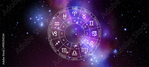 Circle with Zodiac Signs on Colorful Starry Space Background. Vector Illustration
