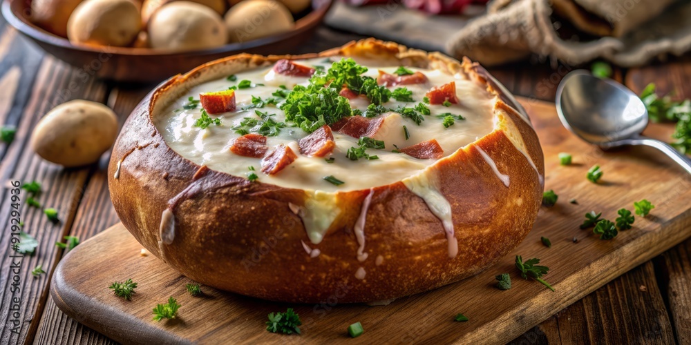 Creamy loaded baked potato soup with chunks of savory ham, fresh chives, and aromatic seasonings, served in a rustic bread bowl, perfect for cozy winter nights. Creamy loaded baked potato soup with chunks of savory ham, fresh chives, and aromatic seasonings, served in a rustic bread bowl, perfect for cozy winter nights.