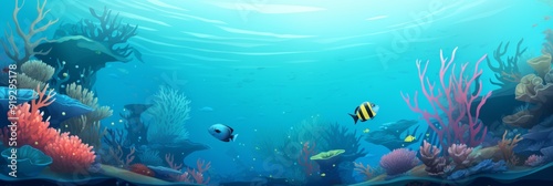 Wallpaper Mural Marine life banner design, wide angle, blue and turquoise pallet, coral reefs, fish, underwater Torontodigital.ca