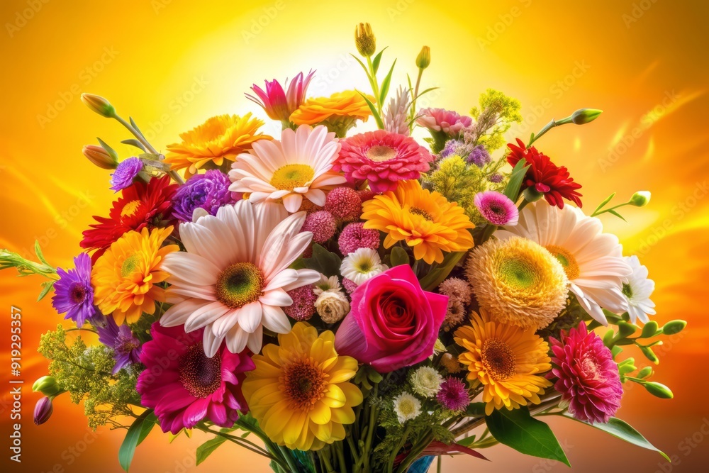 Vibrant bouquet of assorted flowers in shades of pink, yellow, orange, and blue, beautifully arranged against a radiant white and yellow gradient background. Vibrant bouquet of assorted flowers in shades of pink, yellow, orange, and blue, beautifully arranged against a radiant white and yellow gradient background.