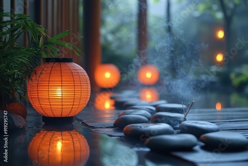 tranquil japaneseinspired spa scene with glowing paper lanterns smooth river stones and wisps of incense smoke in a dimly lit bamboo room photo