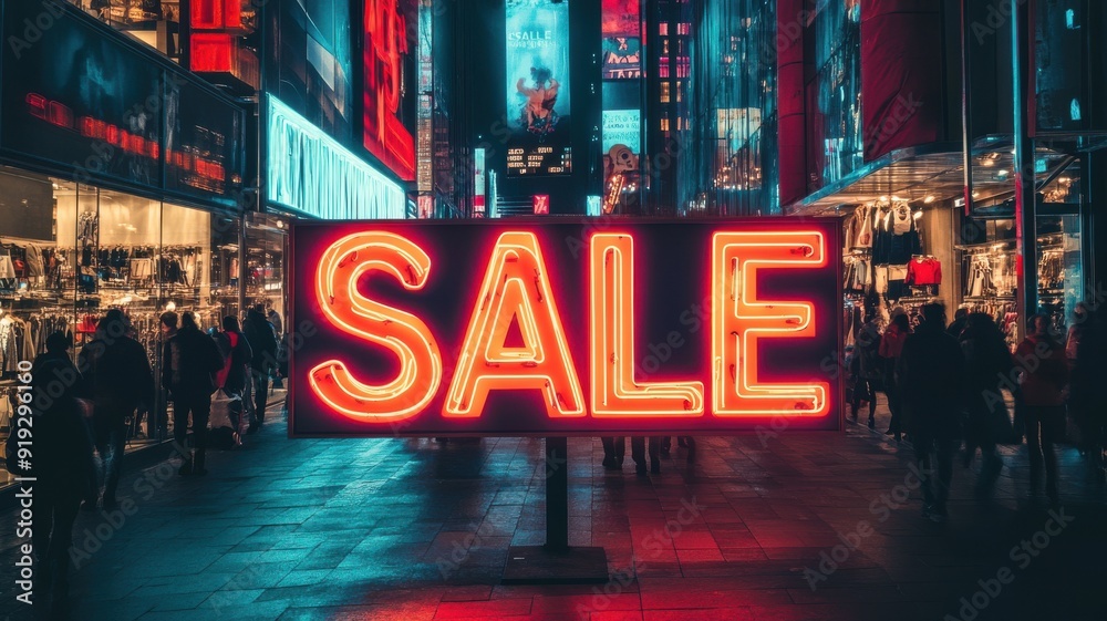 Neon SALE letters in vivid colors set against a bustling city at night, evoking the energetic and exciting vibe of Black Friday sales. Black friday Neon SALE letters in vivid colors set against a bustling city at night, evoking the energetic and exciting vibe of Black Friday sales. Black friday