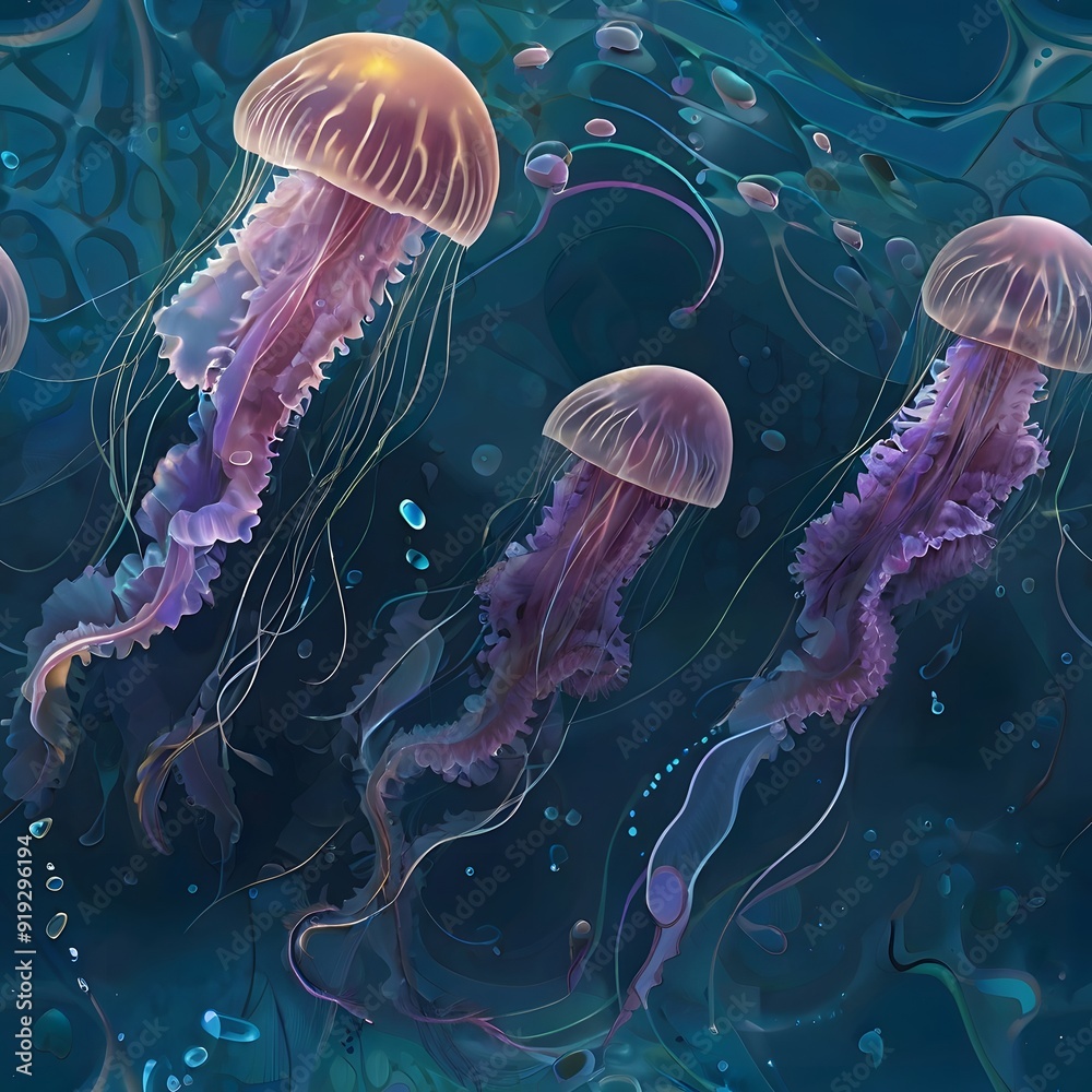 Fototapeta premium Ethereal jellyfish pulsate, shimmering in sunlit blue ocean depths,Ethereal jellyfish pulsate, shimmering in sunlit blue ocean depths