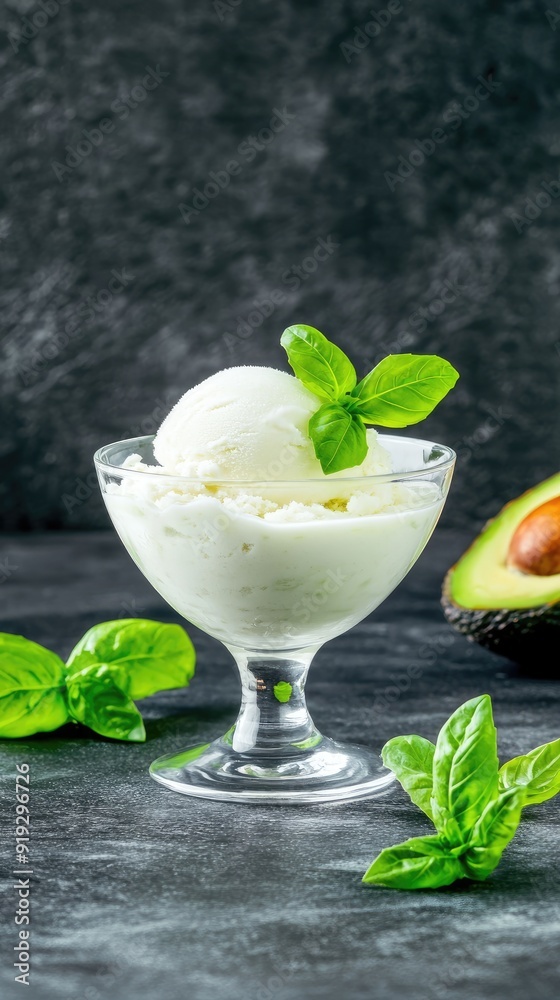 Creamy avocado ice cream is elegantly served in a glass bowl, adorned with fresh basil leaves, set against a dark background for a striking contrast Creamy avocado ice cream is elegantly served in a glass bowl, adorned with fresh basil leaves, set against a dark background for a striking contrast