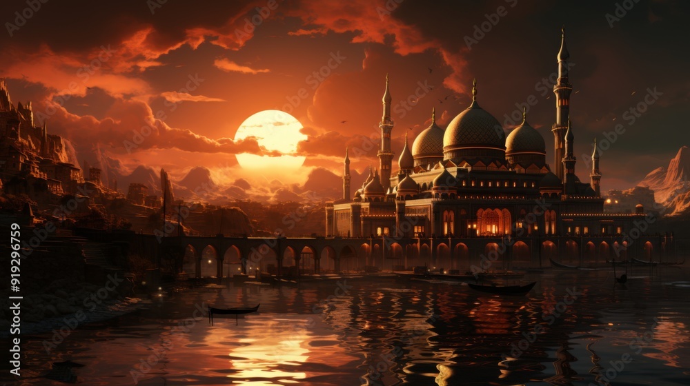 Naklejka premium Golden Mosque at Sunset