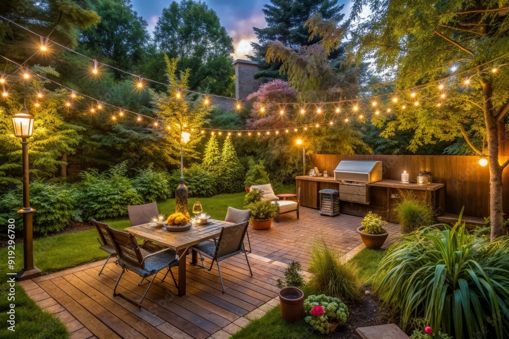 Obraz premium Warm glow of string lights illuminates a serene backyard setup for a casual gathering, complete with a BBQ grill, outdoor furniture, and lush greenery.