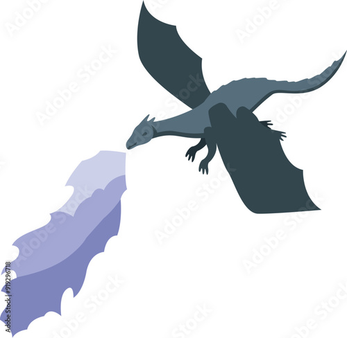 Illustration of a big grey dragon flying and spitting fire, isolated on white background
