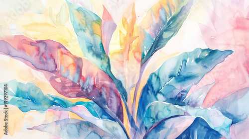 Wallpaper Mural Watercolor Painting tropical ti plant in loose and freeform style, pastel shades Torontodigital.ca