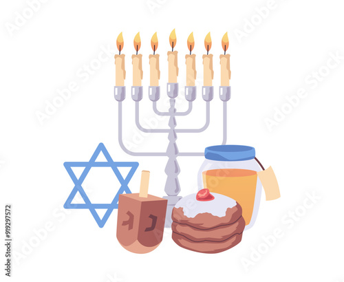 Vector illustration featuring a six-point star, a candlestick, donuts and traditional gifts