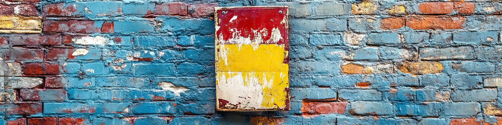 A colorful sign, precariously balanced on a brick wall. A colorful sign, precariously balanced on a brick wall.