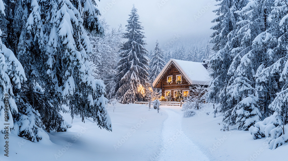 Winter New Year scenery, Christmas with snow-covered trees, cozy cottage and soft golden lights Winter New Year scenery, Christmas with snow-covered trees, cozy cottage and soft golden lights