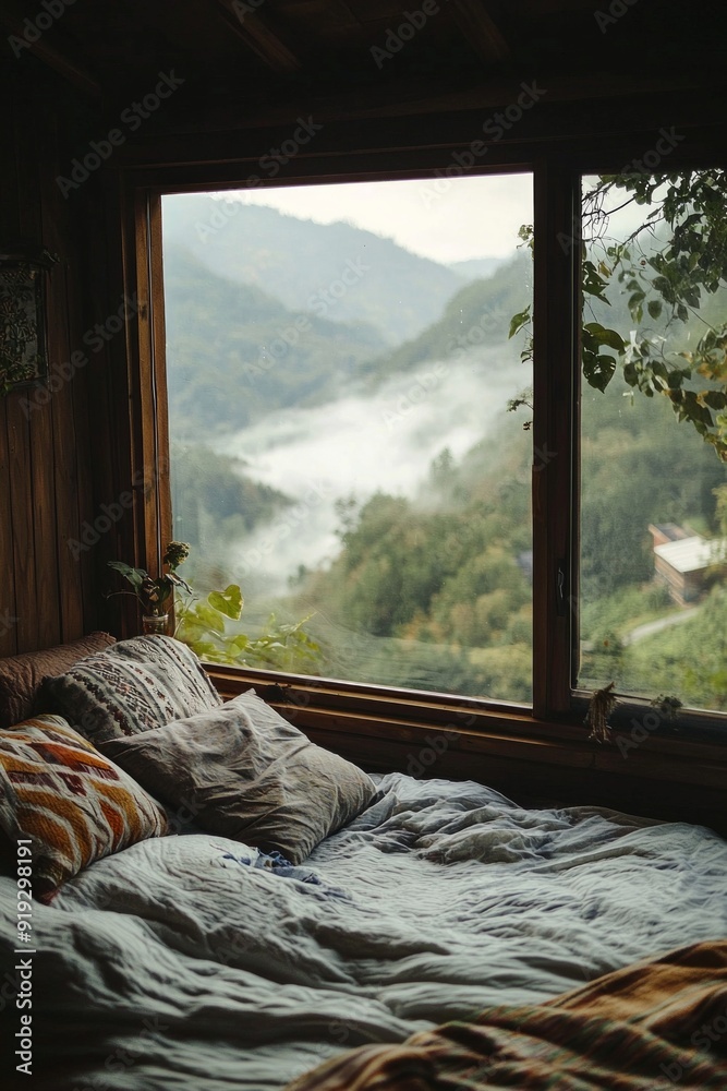 A window in a serene mountaintop retreat, capturing the mist rising from the valleys below. A window in a serene mountaintop retreat, capturing the mist rising from the valleys below.