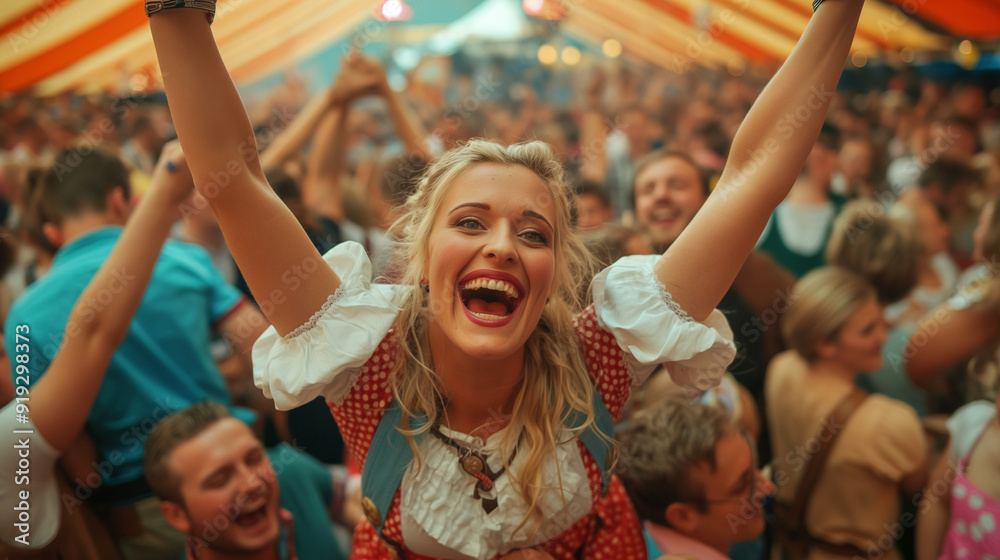 Woman in Dirndl lifted by crowd, cheering at Oktoberfest. Woman in Dirndl lifted by crowd, cheering at Oktoberfest.