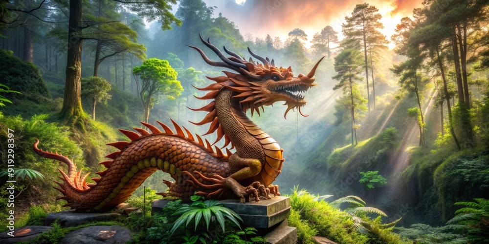 Obraz premium A majestic wooden dragon sculpture, symbolizing the 2024 Chinese New Year, stands proudly amidst a lush green forest, surrounded by vibrant foliage and misty atmosphere.