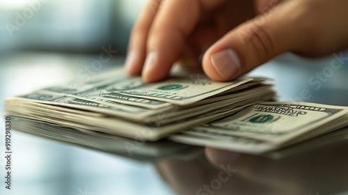 Money counting. Close-up of cash bills stacked neatly with a hand touching them. This represents finance and transaction contexts.