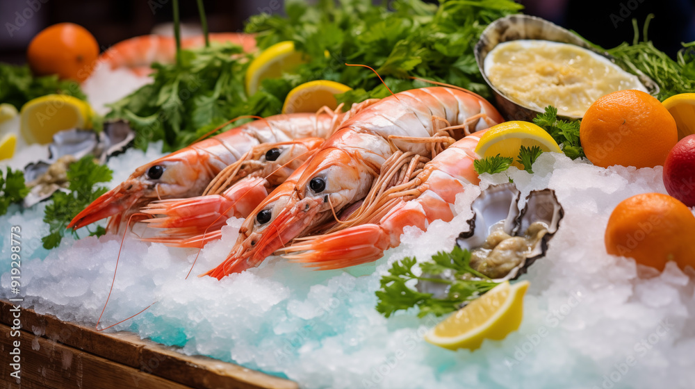Large Prawns And Oysters On Ice With Citrus Fruits In A Fresh Seafood Display Large Prawns And Oysters On Ice With Citrus Fruits In A Fresh Seafood Display