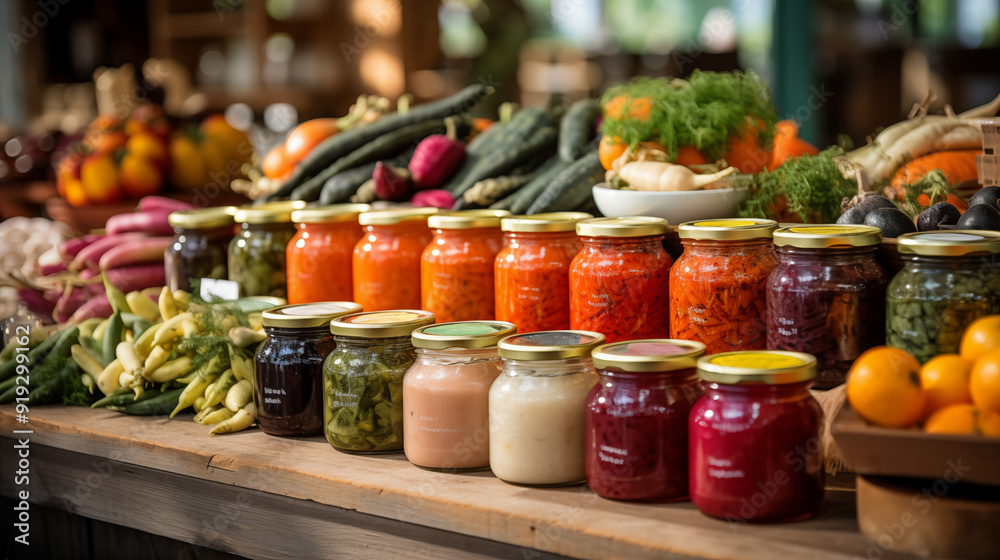 Homemade Pickled Vegetables In Jars On A Rustic Market Stall With Fresh Vegetables And Sunlight