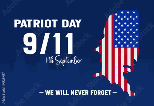9/11 Patriot Day tribute with American flag, Twin Towers, NYC skyline - We Will Never Forget memorial design for September 11th remembrance and USA patriotism.