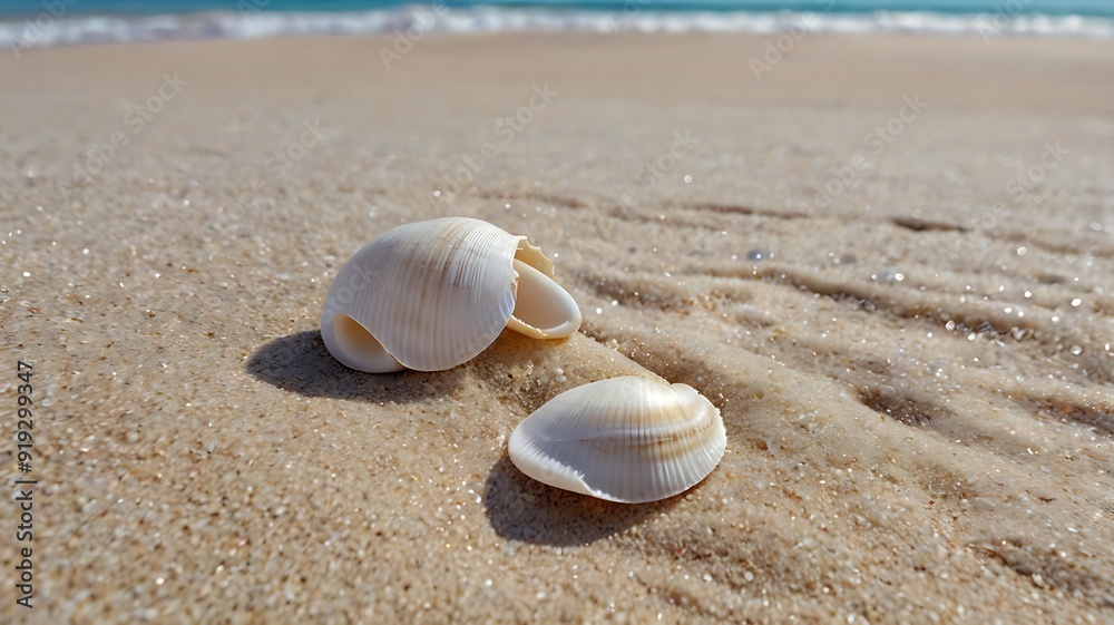 Unique seashells by the sea, sea shells view on sands of beach, seaside shores Unique seashells by the sea, sea shells view on sands of beach, seaside shores