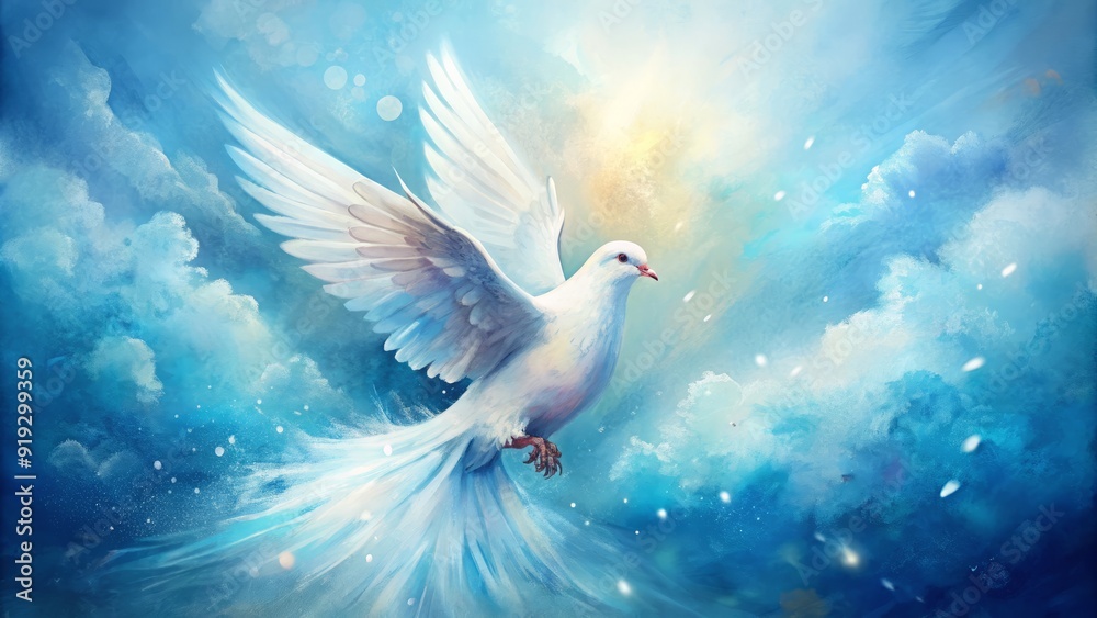 Obraz premium Delicate watercolor illustration of a serene white dove in gentle flight, surrounded by soft feathery textures and wispy brushstrokes on a dreamy blue background.