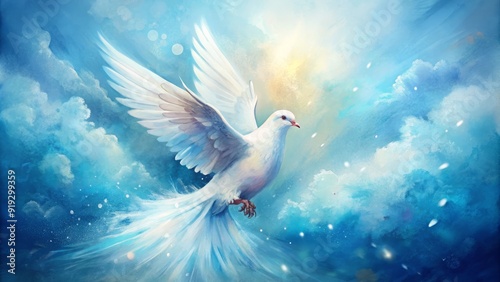 Wallpaper Mural Delicate watercolor illustration of a serene white dove in gentle flight, surrounded by soft feathery textures and wispy brushstrokes on a dreamy blue background. Torontodigital.ca