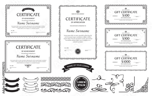 Set of templates for certificates, diplomas, award documents in old style photo