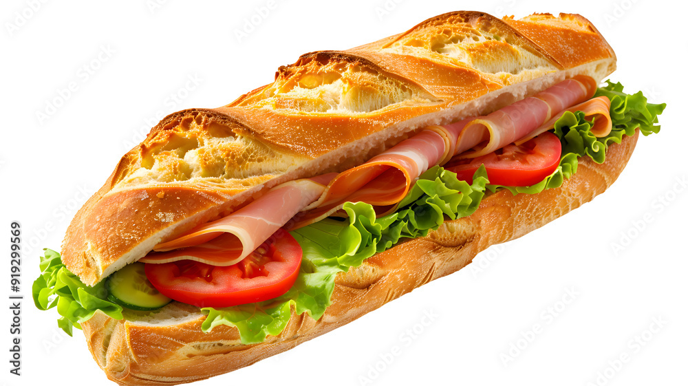 Sandwich with ham, cheese, tomatoes, lettuce, and toasted bread. Side view isolated on transparent background. Sandwich with ham, cheese, tomatoes, lettuce, and toasted bread. Side view isolated on transparent background.