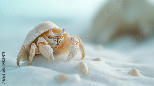 A close-up of a crab emerging from its shell, with fine white sand and a few small seashells scattered around