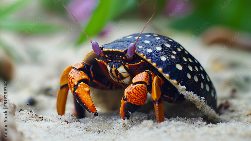A close-up of a colorful crab with a particularly vibrant or unique shell, set against a backdrop of soft sand and perhaps a few scattered tropical flowers or leaves A close-up of a colorful crab with a particularly vibrant or unique shell, set against a backdrop of soft sand and perhaps a few scattered tropical flowers or leaves