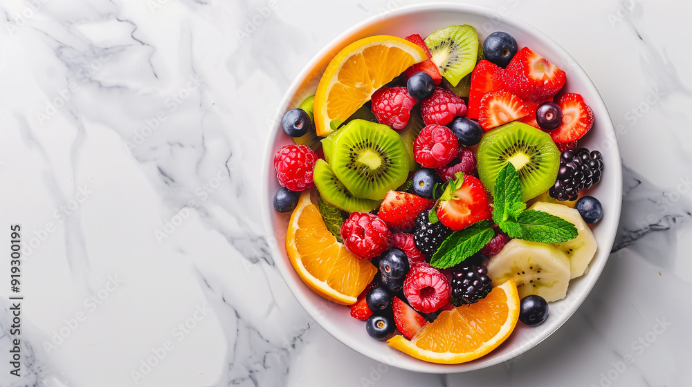 a colorful fruit salad, featuring a mix of berries, kiwi, and citrus slices, served in a white bowl on a marble countertop, with a sprig of mint for garnish a colorful fruit salad, featuring a mix of berries, kiwi, and citrus slices, served in a white bowl on a marble countertop, with a sprig of mint for garnish
