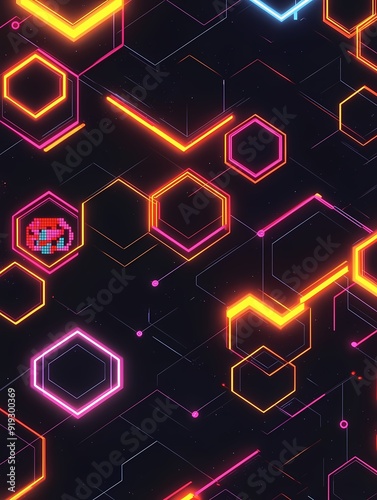 Abstract digital background with glowing neon hexagons, lines, and a pixelated figure in the center.