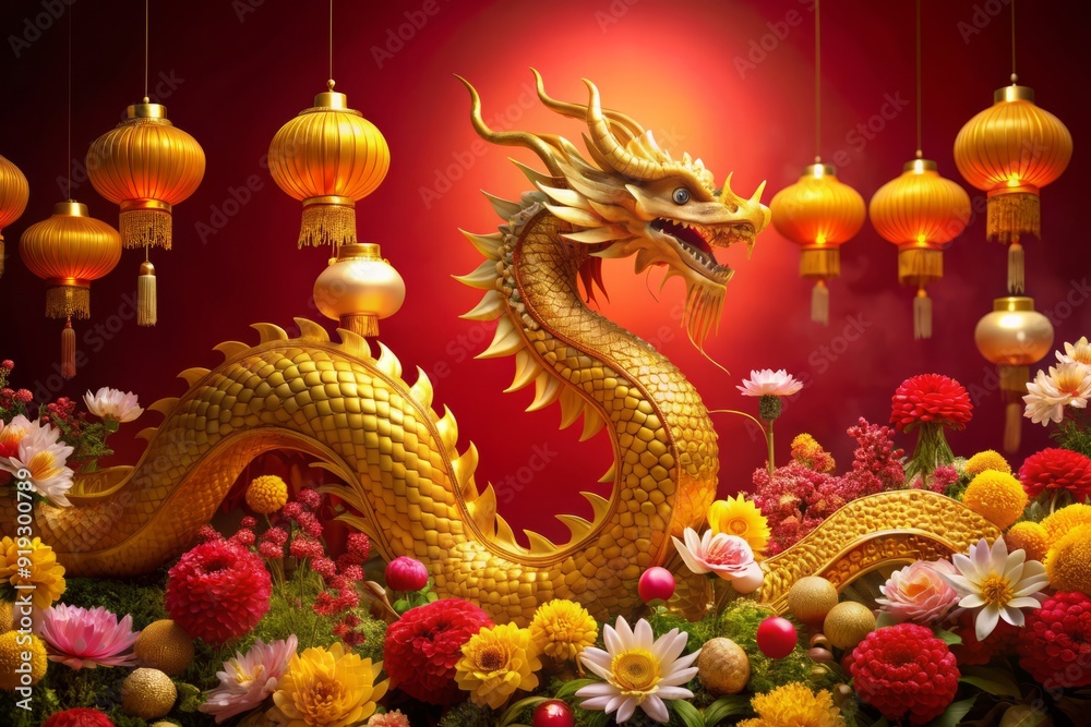 Obraz premium Vibrant golden dragon amidst blooming flowers and intricately designed lanterns, set against a rich red background, celebrating the auspicious Chinese New Year 2024, with ample copy space.