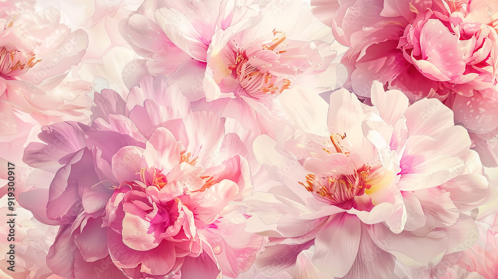 Watercolor peonies detailing with fine brushes, intricate and vibrant designs, light background