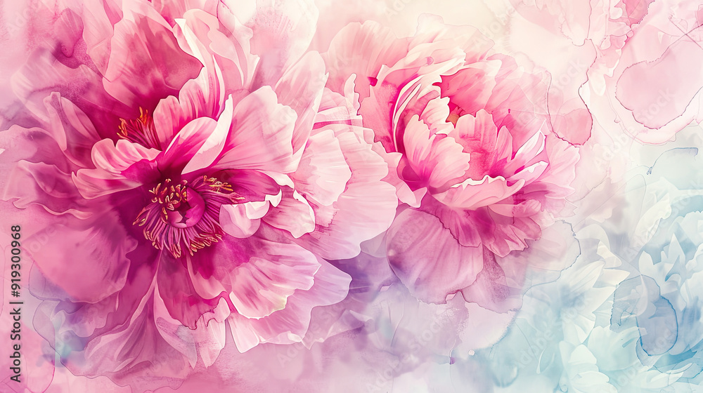 Watercolor peonies detailing with fine brushes, intricate patterns and vibrant hues, light background Watercolor peonies detailing with fine brushes, intricate patterns and vibrant hues, light background
