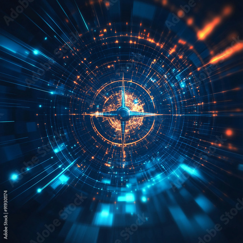 futuristic network of Digital and business transformation connected by squares to a compass shown from tunnel view with side-lighting 
