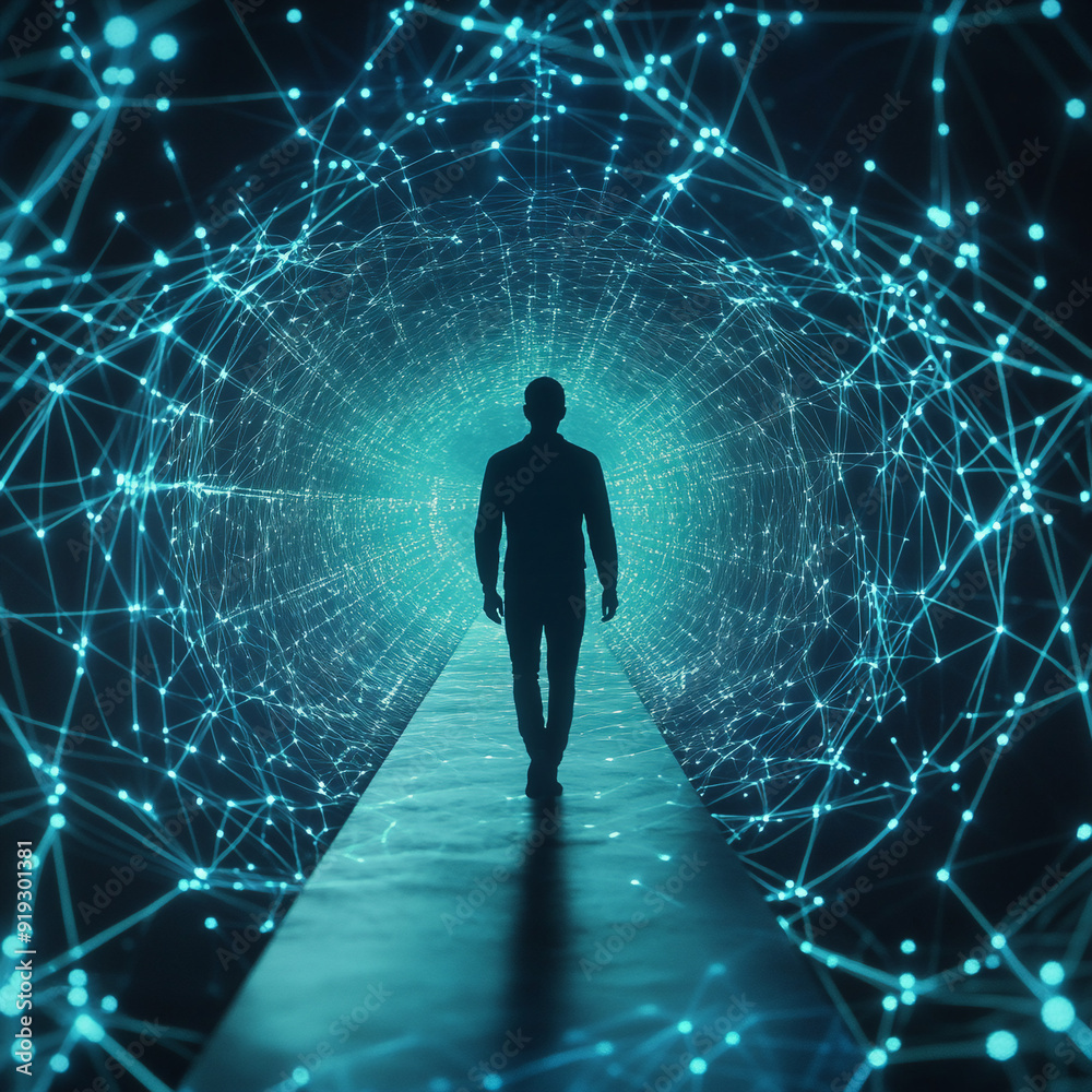 futuristic network of Digital and business transformation connected by dots to a human shown from tunnel view with front-lighting futuristic network of Digital and business transformation connected by dots to a human shown from tunnel view with front-lighting