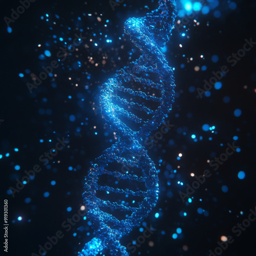  single blue cyan DNA genome birds eye view with front-lighting  photo