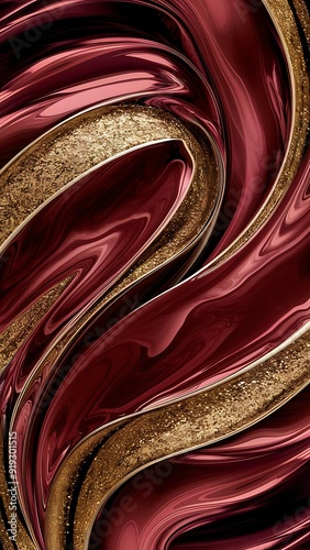 Beautiful Crimson Paint Swirls with Gold Glitter. Contemporary Design Wallpaper