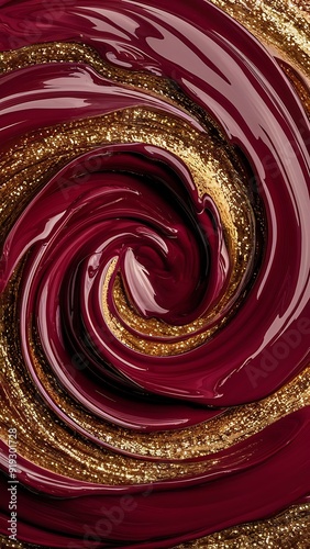 Beautiful Crimson Paint Swirls with Gold Glitter. Contemporary Design Wallpaper