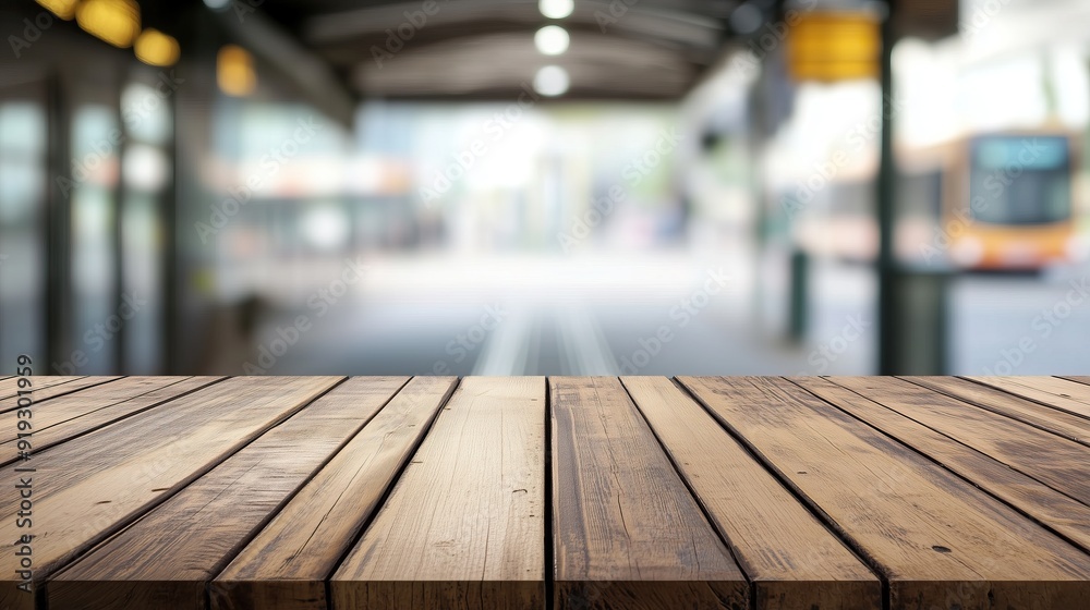 Empty wooden table with view of blurred train tracks Empty wooden table with view of blurred train tracks