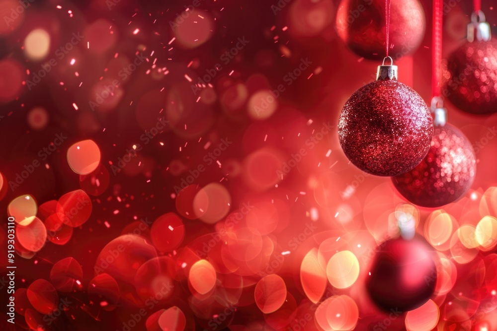 A collection of bright red ornaments suspended from strings A collection of bright red ornaments suspended from strings
